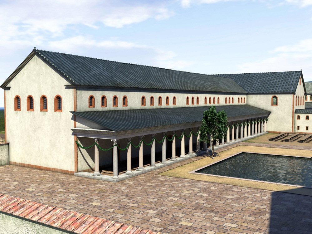   Digitale Rekonstruktion des Nordflügels. Der Säulengang vermittelte zwischen dem Hof und den innen liegenden Räumen. Die vollständige digitale Rekonstruktion der Pfalzgebäude ist im Besucherzentrum und Museum der Kaiserpfalz abrufbar.  