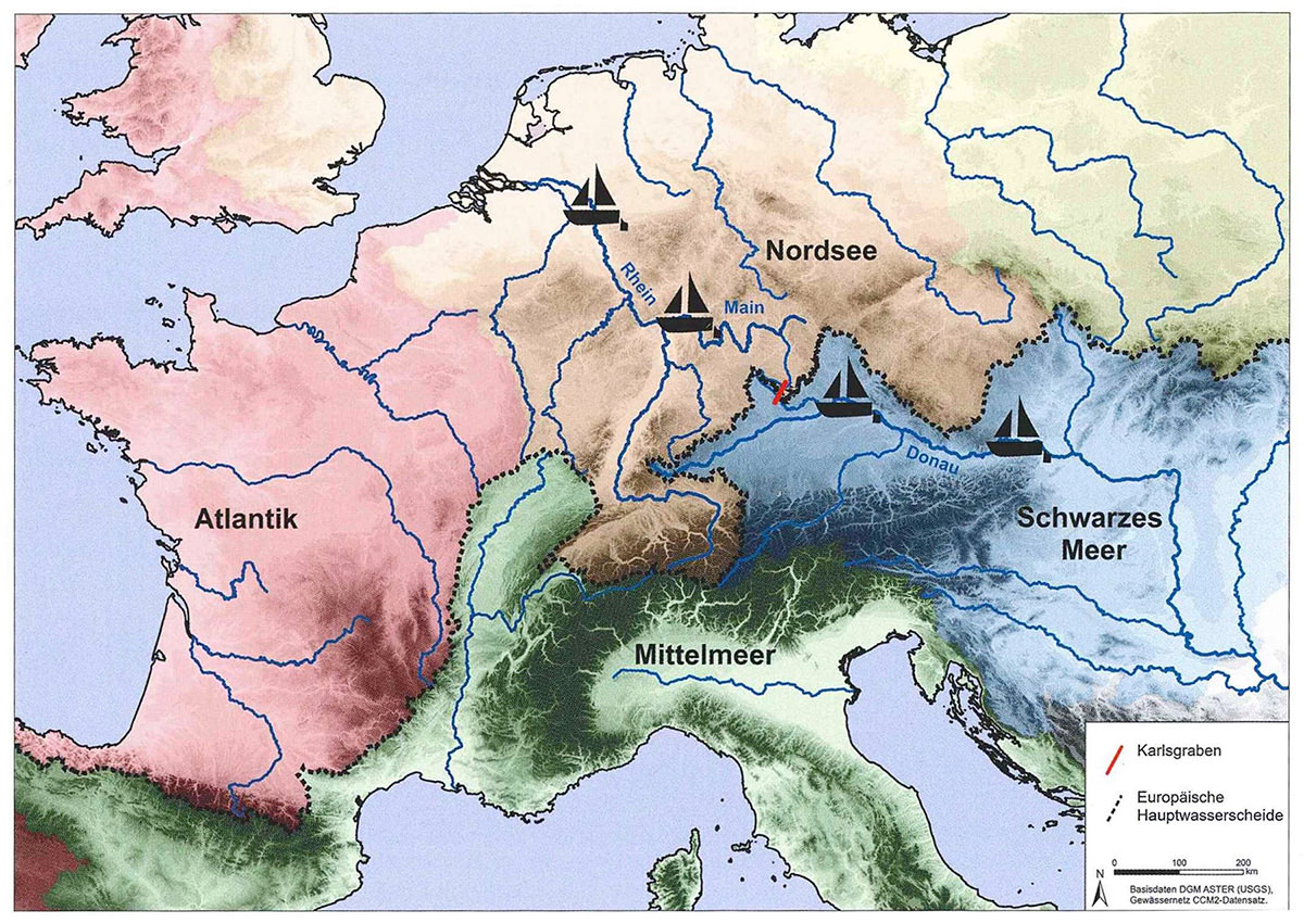   Karte mit markiertem Karlsgraben: Er sollte die europäische Hauptwasserscheide überwinden und die Flusssysteme von Donau und Rhein-Main verbinden.  